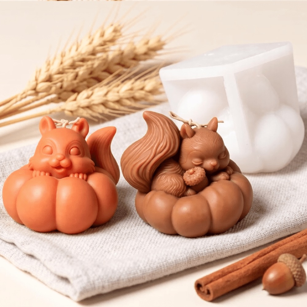 Soap Making Friends - リスとカボチャのシリコンキャンドルモールド、アロマキャンドル、石膏、石鹸作り用、秋の装飾、感謝祭、クリスマス、親友へのギフトに最適